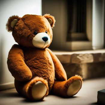 brown teddy bear sitting on the ground next to a window sill and a brick wall with a window in the background