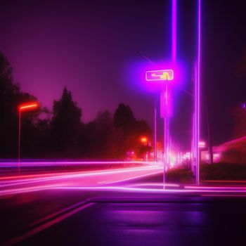 street with a street sign and a street light at night time with a blurry background of the street