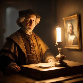 man in a renaissance outfit sitting at a table with a lamp in front of him and a painting on the wall