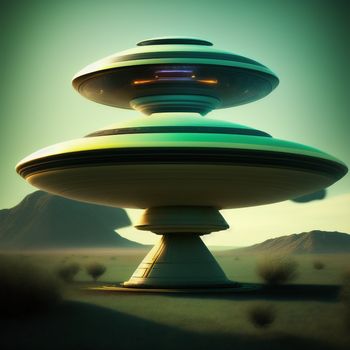 futuristic object in the middle of a desert area with mountains in the background and a green sky in the background