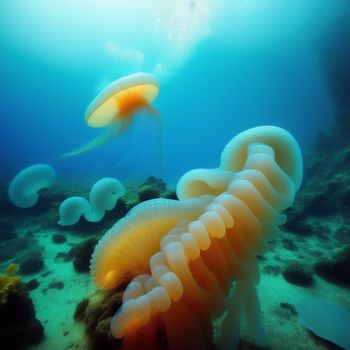 jellyfish swimming in the ocean with a large jellyfish nearby on the water's surface