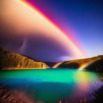 rainbow is shining over a lake with a rainbow in the sky above it and a rainbow in the water