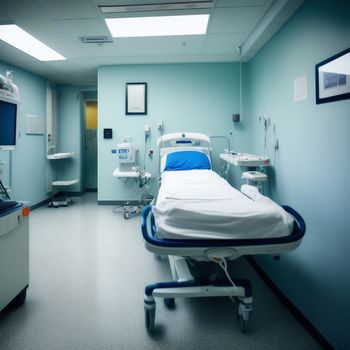 hospital room with a bed and a monitor on the wall and a television on the wall above it