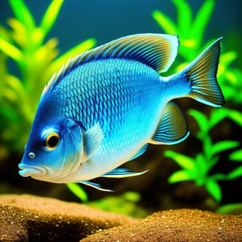 blue fish swimming in an aquarium with algaes and rocks in the background and a blue fish in the foreground