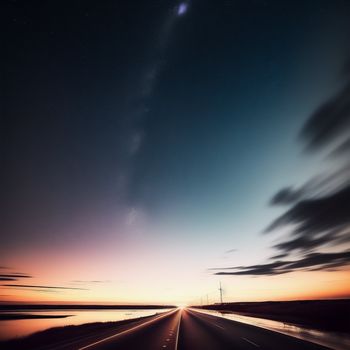 long road with a sky filled with stars and clouds at night time with a bright orange glow on the horizon