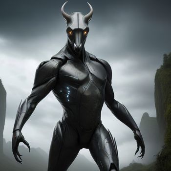 man in a futuristic suit with horns and glowing eyes standing in a foggy area with mountains in the background