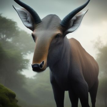 horned animal with long horns standing in a field of grass and trees in the background