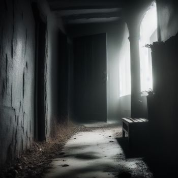 dark hallway with a bench and a window in it with light coming through the window and the door