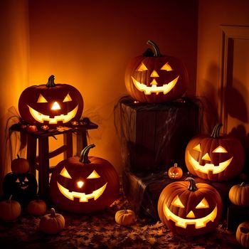 group of carved pumpkins sitting on top of a table next to a pile of candles and a mirror