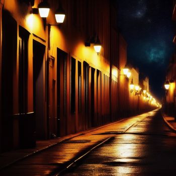 street with a row of buildings and street lights on both sides of the street at night time with a bright light shining on the buildings