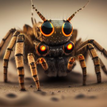 close up of a spider with red eyes and a black nose and legs with a yellow and red light on it