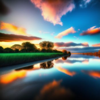 beautiful sunset over a river with a green field and trees in the background and a blue sky with clouds