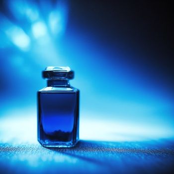 blue bottle of perfume sitting on a blue surface with a blue light behind it and a blue background