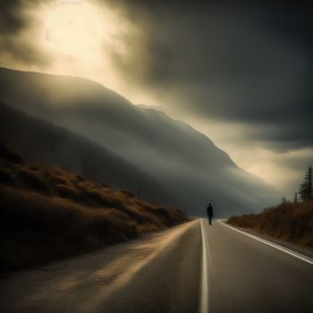 person standing on a road in the middle of a field with mountains in the background and a dark sky