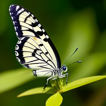 butterfly sitting on a green leaf in the sun with a blurry background of leaves and grass in the foreground