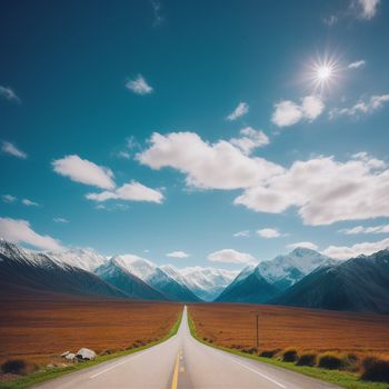 long road with a bright sun in the background and mountains in the distance with a blue sky with clouds