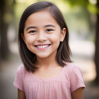 little girl smiling for a picture in a park with trees in the background and a green leafy tree