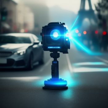 camera is on a tripod in the middle of the street with cars in the background and a blurry background