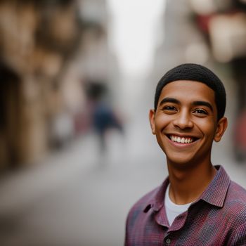 man smiling in a street with a blurry background of a person on a bike in the background