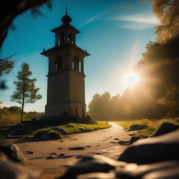 clock tower in the middle of a forest at sunset with the sun shining behind it and a path leading to it