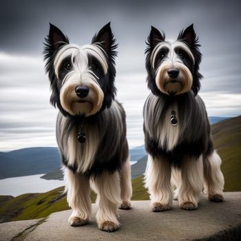 two dogs standing on a rock with a lake in the background and a cloudy sky in the background