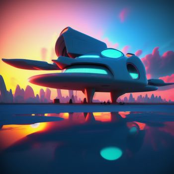 futuristic vehicle is parked on a runway at sunset or dawn with a reflection of the sky on the water