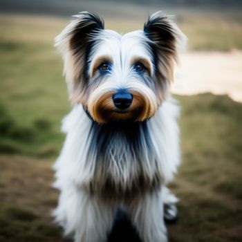 dog with a blue nose and white fur is looking at the camera with a blurry background of grass and water