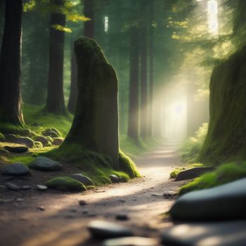 path in a forest with moss growing on the rocks and trees on either side of the path is a rock strewn path