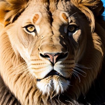 lion with a big mane and a big face looking at the camera with a blue sky in the background