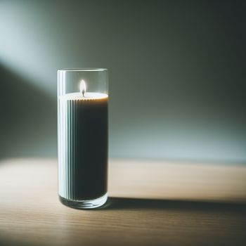 candle is lit in a glass on a table with a shadow of a light on the wall behind it