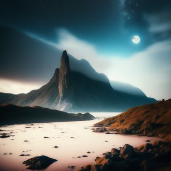 mountain with a lake in front of it under a cloudy sky with a full moon in the distance