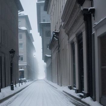 snowy street with a few buildings and a street light on it's side and a few cars parked on the side