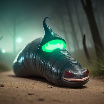 toy that is laying down on the ground with a green light on it's eyes and mouth