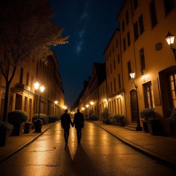 two people walking down a street at night holding hands and holding hands with each other