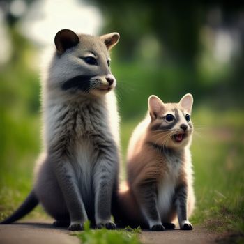 couple of small cats sitting on top of a grass covered field next to each other on a field