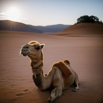 camel is sitting in the desert with mountains in the background and a sunbeam in the sky above