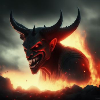 demonic demon with large horns and huge teeth in a dark