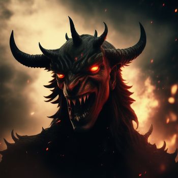 demonic demon with glowing eyes and horns on a dark background with clouds and lightnings in the sky