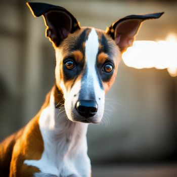 dog with a white and brown face and a black nose and ears