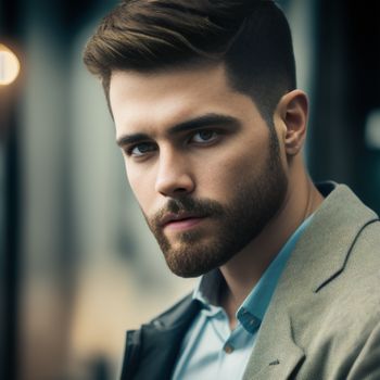 man with a beard and a suit jacket on looking at the camera with a serious look on his face