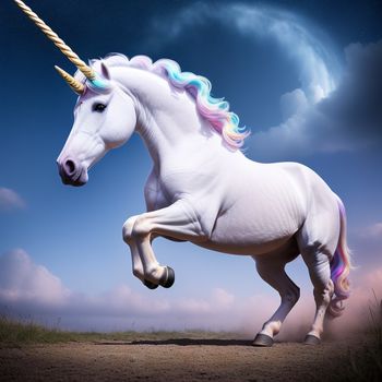 white unicorn with a rainbow mane running on a dirt road with a blue sky in the background and clouds in the sky