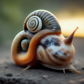 snail is sitting on the ground with its shell curled up and looking at the camera with a blurry background