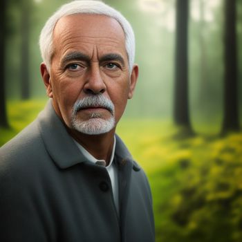 man with a white beard and a gray shirt in a forest with trees and grass in the background