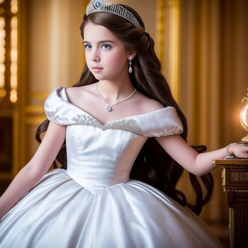 young girl dressed in a white dress and tiara holding a golden clock in her hand and wearing a tiara