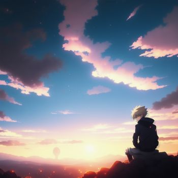 person sitting on a rock looking at the sky at sunset or sunrise or sunset