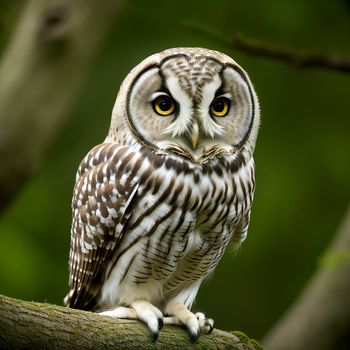 close up of a owl on a branch with a green background and a blurry background behind it