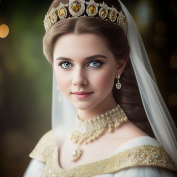 woman in a wedding dress wearing a tiara and pearls on her head and a veil on her head