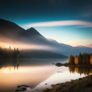 lake with a mountain in the background and fog in the air above it and trees in the foreground