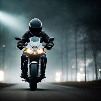 person riding a motorcycle on a road at night with headlights on the road and trees in the background