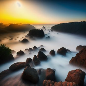 long exposure of a sunset over a mountain range with rocks in the foreground and a foggy sky